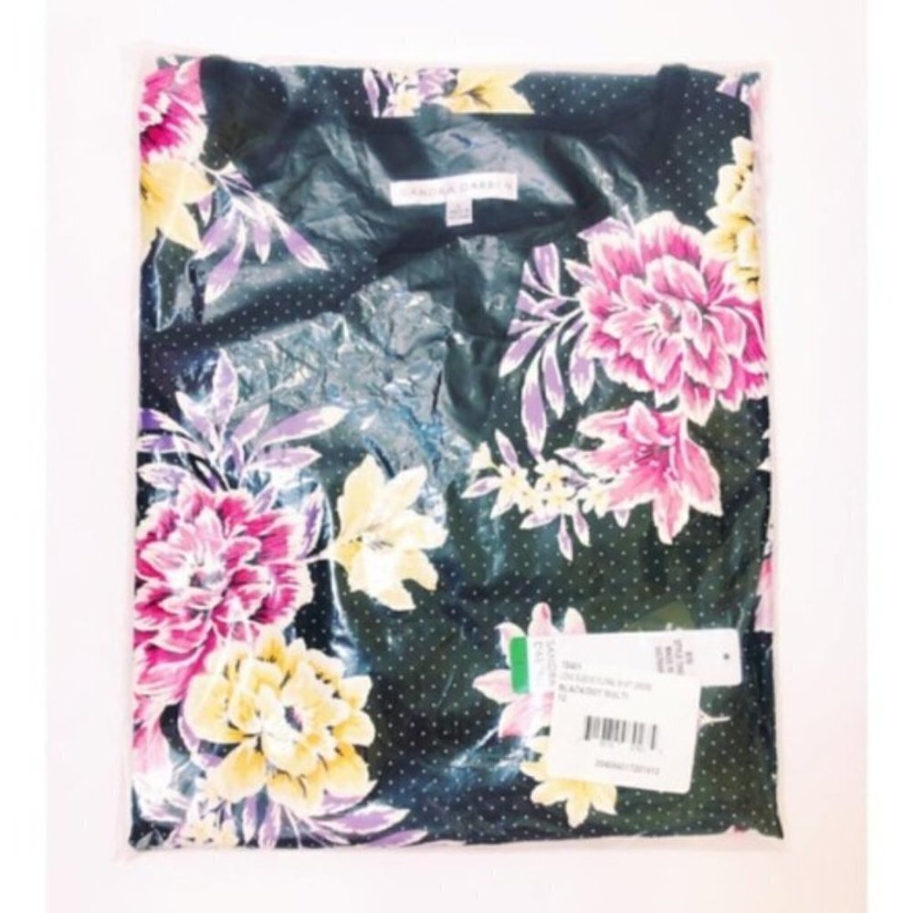 Sandra Darren Womens Black Pink Floral V Neck Elbow Sleeve Shift Dress Sz 12 New - Picture 3 of 8